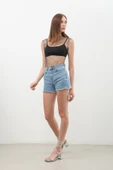 Kadın Yüksek Bel Püsküllü Açık Mavi Jean Şort - 4