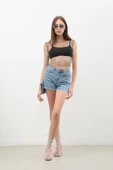 Kadın Yüksek Bel Püsküllü Açık Mavi Jean Şort - 2