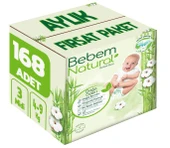 Bebem Bebek Bezi Natural Beden:3 (4-9Kg) Midi 168 Adet Aylık Fırsat Pk thumbnail 1