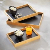 Marbella - 3'lü Mermer Desenli Tepsi Lacivert - 1