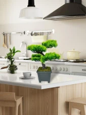 Nettenevime Bonsai Dekoratif Yapay Ağaç Yeşil Bonzai 39*25 CM Siyah Kare Saksıda thumbnail 4