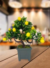 Nettenevime Bonsai Limon Ağacı Dekoratif Yapay Ağaç Yeşil Bonzai 28*23 CM Siyah Kare Saksıda thumbnail 3