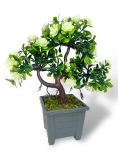 Nettenevime Yapay Çiçek Beyaz Çiçekli Bonsai Ağacı Dekoratif Yapay Ağaç Bonzai 29*24 CM Siyah Kare Saksıda thumbnail 1