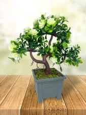 Nettenevime Yapay Çiçek Beyaz Çiçekli Bonsai Ağacı Dekoratif Yapay Ağaç Bonzai 29*24 CM Siyah Kare Saksıda thumbnail 3