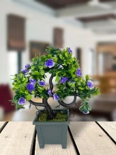 Nettenevime Yapay Çiçek Mor Çiçekli Bonsai Ağacı Dekoratif Yapay Ağaç Bonzai 29*24 CM Siyah Kare Saksıda thumbnail 3