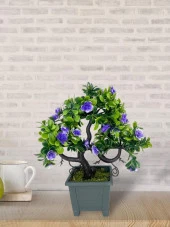 Nettenevime Yapay Çiçek Mor Çiçekli Bonsai Ağacı Dekoratif Yapay Ağaç Bonzai 29*24 CM Siyah Kare Saksıda thumbnail 4