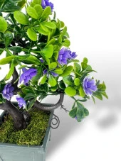 Nettenevime Yapay Çiçek Mor Çiçekli Bonsai Ağacı Dekoratif Yapay Ağaç Bonzai 29*24 CM Siyah Kare Saksıda thumbnail 6