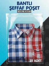 Bantlı Şeffaf Poşet (32x45+5 cm)  25 Adet Parlak Jelatin Paket Gömlek T-shirt Poşeti  Hediye Poşeti -T1026 - 1