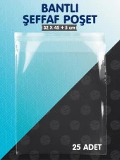 Bantlı Şeffaf Poşet (32x45+5 cm)  25 Adet Parlak Jelatin Paket Gömlek T-shirt Poşeti  Hediye Poşeti -T1026 - 2