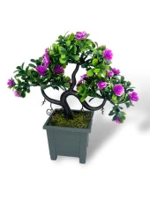 Nettenevime Yapay Çiçek Lila Çiçekli Bonsai Ağacı Dekoratif Yapay Ağaç Bonzai 29*24 CM Siyah Kare Saksıda thumbnail 1