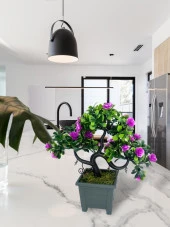 Nettenevime Yapay Çiçek Lila Çiçekli Bonsai Ağacı Dekoratif Yapay Ağaç Bonzai 29*24 CM Siyah Kare Saksıda thumbnail 2