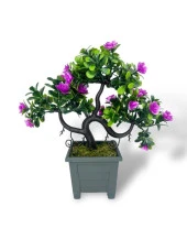 Nettenevime Yapay Çiçek Lila Çiçekli Bonsai Ağacı Dekoratif Yapay Ağaç Bonzai 29*24 CM Siyah Kare Saksıda thumbnail 5