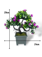 Nettenevime Yapay Çiçek Lila Çiçekli Bonsai Ağacı Dekoratif Yapay Ağaç Bonzai 29*24 CM Siyah Kare Saksıda thumbnail 6