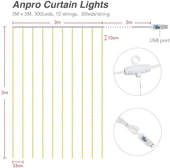 Hidz Perde Led-  3x3 Metre - 8 Fonksiyonlu - USB - Kancalı - 12