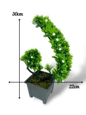 Yapay Çiçek Bonsai Ağacı Beyaz Eğik Model Dekoratif Yapay Ağaç Bonzai 30*22 CM Siyah Kare Saksıda - 2