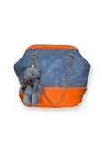 Me-vo Kadın Turuncu Renkli Ayıcık Aksesuarlı Denim Desenli Omuz Çantası thumbnail 1