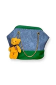 Me-vo Kadın Yeşil Renkli Ayıcık Aksesuarlı Denim Desenli Omuz Çantası thumbnail 1