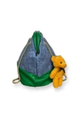 Me-vo Kadın Yeşil Renkli Ayıcık Aksesuarlı Denim Desenli Omuz Çantası thumbnail 2