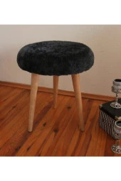 Neta Trade Elissa Ahşap Ayak Dekoratif Antrasit Siyah Peluş Puf Tabure Bench Yuvarlak Koltuk Sandalye - 1