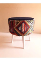 ALBATROS Retro Ahşap Gürgen Ayaklı Dekoratif Etnik Üst Lacivert Desenli Silindir Puf Bench Koltuk Sandalye - 1