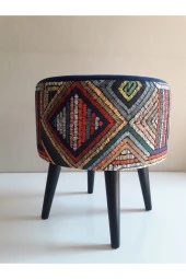 ALBATROS Gürgen Retro Ahşap Ayaklı Dekoratif Etnik Üst Lacivert Desenli Silindir Puf thumbnail 1