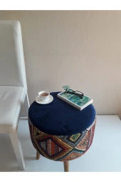 ALBATROS Retro Gürgen Ahşap Ayaklı Dekoratif Etnik Üst Lacivert Desenli Silindir Puf Bench Koltuk - 1