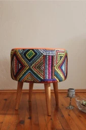 ALBATROS Retro Gürgen Ahşap Ayaklı Dekoratif Etnik Üst Kiremit Desenli Silindir Puf Bench - 1