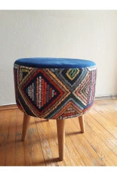 ALBATROS Retro Gürgen Ahşap Ayaklı Dekoratif Etnik Üst Lacivert Desenli Silindir Puf Bench Koltuk - 2