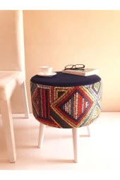 ALBATROS Retro Ahşap Gürgen Ayaklı Dekoratif Etnik Üst Lacivert Desenli Silindir Puf Bench Koltuk Sandalye - 3