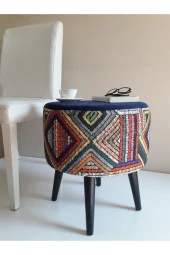 ALBATROS Gürgen Retro Ahşap Ayaklı Dekoratif Etnik Üst Lacivert Desenli Silindir Puf thumbnail 3