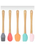 Periboia 5'li Renkli Ahşap Saplı Silikon Uçlu Spatula Fırçalı Kaşık Seti -Yemek Hazırlık Seti 21 Cm - 1