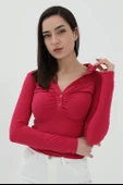 Sandy Yakalı Düğmeli Bluz - Fuşya - 1