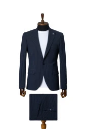 Lacivert Çizgili Likralı Slim Fit Takım Elbise - 1