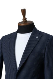 Lacivert Çizgili Likralı Slim Fit Takım Elbise - 2