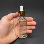 50Ml Şeffaf Cam Damlalıklı Şişe , Gold Metalik Kapak  ,  50 Cc Saydam Cam Damlalıklı Şişe x 6 Adet thumbnail 1