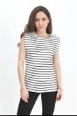 T-shirt Omuzları Vatkalı Kolsuz Çizgili - Beyaz thumbnail 1