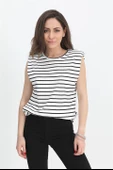 T-shirt Omuzları Vatkalı Kolsuz Çizgili - Beyaz thumbnail 2