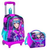 Coral High Mor Pembe Anime Kedi Işıklı Tekerlekli Okul Çantası ve Beslenme Seti - Kız Çocuk thumbnail 1