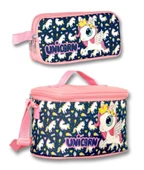 Cennec Unicorn Lacivert-Pembe Kız Çocuk Isı Yalıtımlı Beslenme Çantası ve Kalemlik Seti thumbnail 1