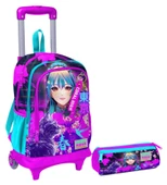 Coral High Mor Pembe Anime Kedi Işıklı Tekerlekli Çekçek Çanta ve Kalemlik Seti - Kız Çocuk thumbnail 1