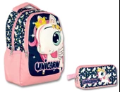 Cennec 3 Boyutlu Kız Çocuk Lacivert-Pembe Unicorn İlkokul Çantası ve Kalemlik Seti thumbnail 1