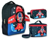 Cennec 3D Astronot Baskılı ve Kanatlı Okul Çantası Beslenme Çantası ve Kalem Çantası Seti - Lacivert - Erkek Çocuk thumbnail 1