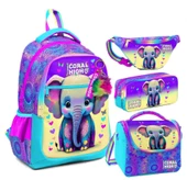 Coral High Pembe Turkuaz Fil Desenli Kız Çocuk Okul Beslenme Kalemlik ve Bel Çantası Seti - İlkokul İçin Uygun thumbnail 1