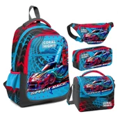 Coral High Gri Mavi Yarış Arabası Desenli Erkek Çocuk Okul Beslenme Kalemlik ve Bel Çantası Seti - İlkokul İçin Uygun thumbnail 1