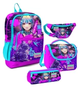 Coral High Kız Çocuk Mor Pembe Anime Kedi Desenli İlkokul Okul Çanta Seti ve Bel Çantası thumbnail 1