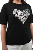 Kadın Büyük Beden Kalp şeklinde Papatya Baskılı T-Shirt 1575-23 - 6