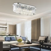 Apliqa Nilüfer Dikdörtgen Krom  Kristalli, Taşlı Modern Tasarım Yemek Masası Üstü, Kristal Salon Avize thumbnail 1