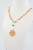 Kadın Özel Tasarım Ezme Zincir Mavi Boncuklu Madalyon Kolye thumbnail 2