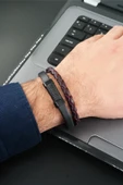 Erkek Hakiki Örme Deri  Kombin 2'li Bileklik  Manyetik Klipsli - 1