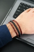 Erkek Hakiki Örme Deri  Kombin 3'lü Bileklik  Manyetik Klipsli - 1